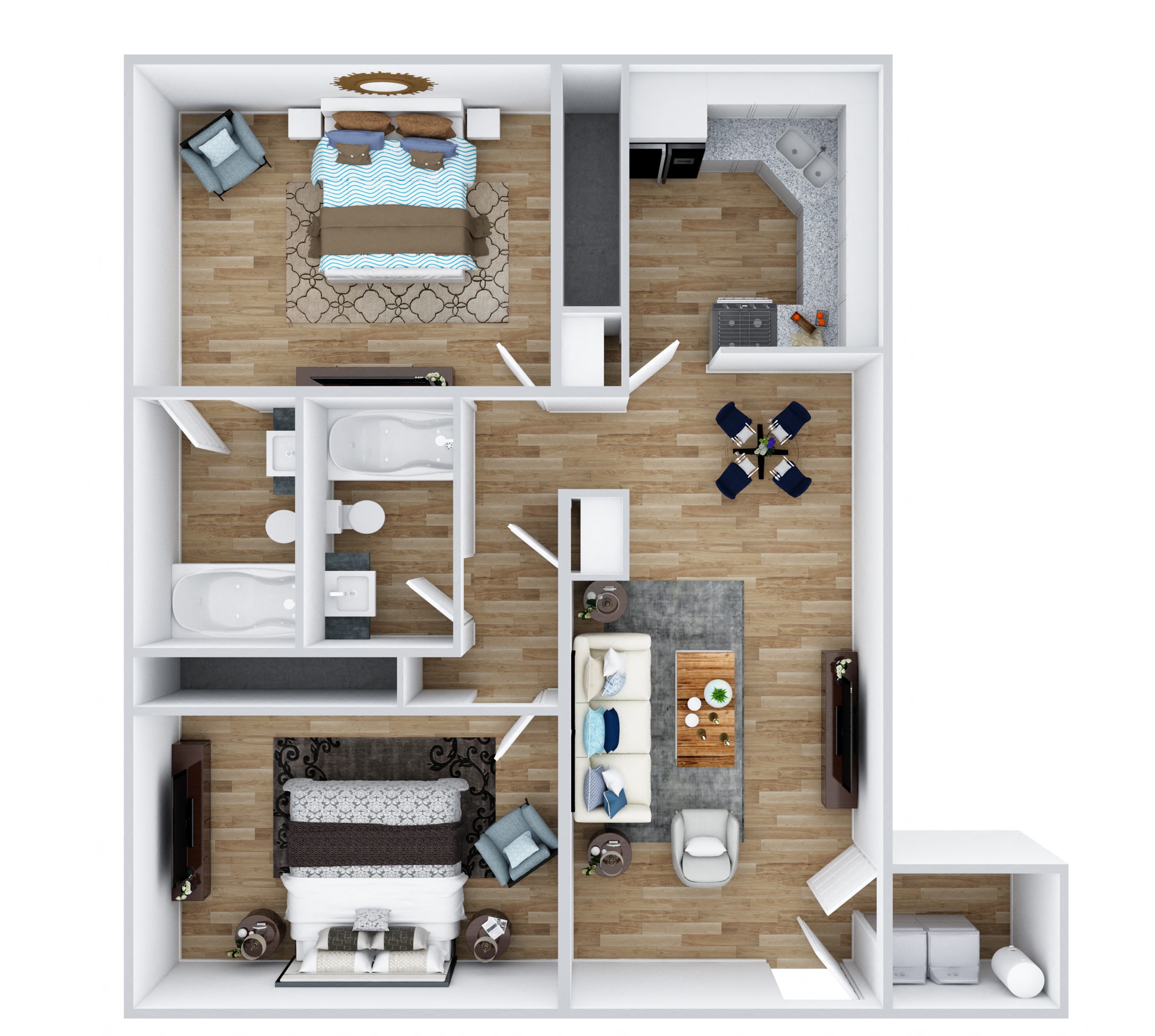 Floor plan for 2 beds, 2 baths, 901 sqft